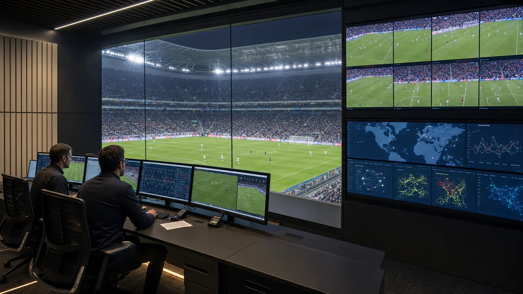 Global football operations room monitoring live leagues from a stadium